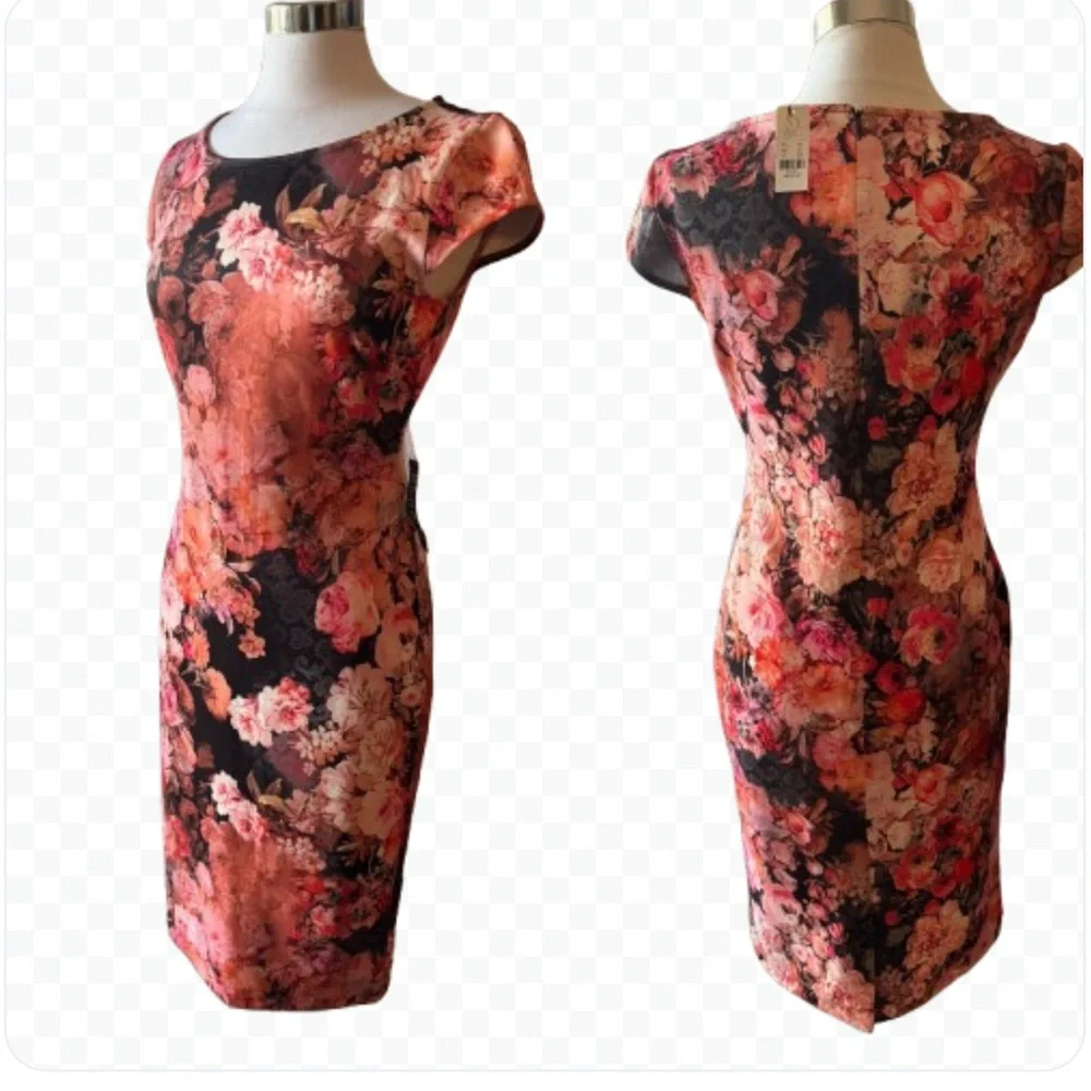 Pink Orange Sheath Midi Dress Cap Sleeves Floral Print Cocktail NWT M Sexy Chic